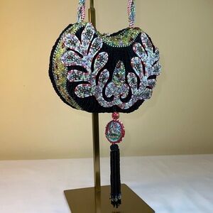 Mary Francis Black Ruched Bag Beaded with Tassel